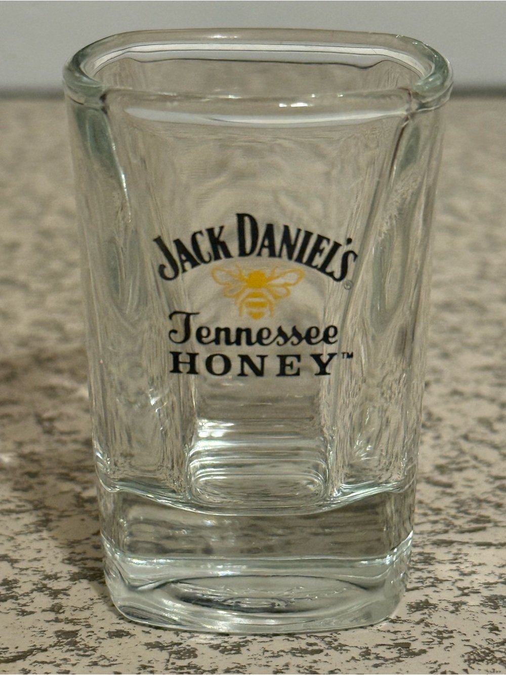 Whiskey Shot Glass Clear with Yellow Bee Logo-Jack Daniels Tennessee Honey